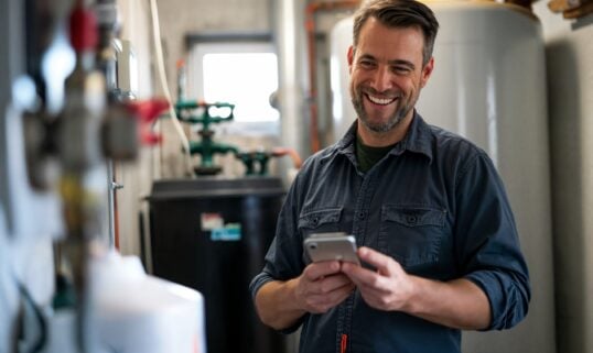 Happy homeowner plumber, HVAC technician, man using a mobile phone in a basement by water heater, burner, duct work. DIY repair or install, happy with work done, quote air conditioning repairs and servicing in newcastle new south wales